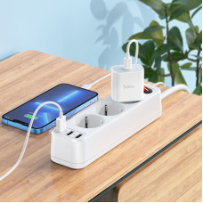 Удлинитель сетевой hoco. NS2 3 розетки ( + 3*USB )  белый